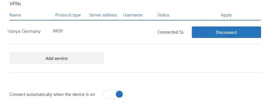 Xiaomi MiWiFi: PPTP service connected, auto-connect switch on at the bottom