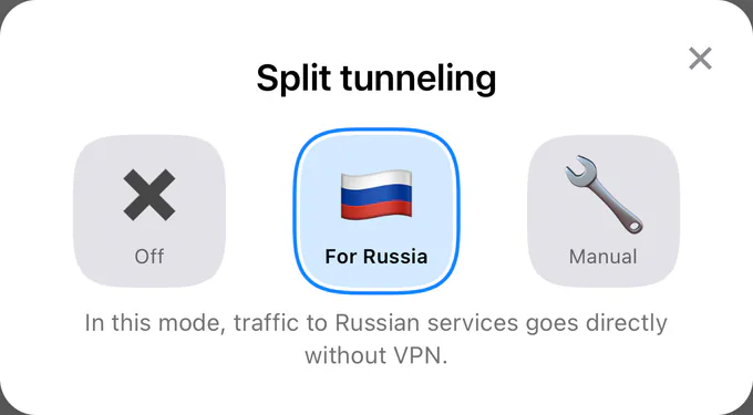 Split tunneling window in the app with For Russia selected