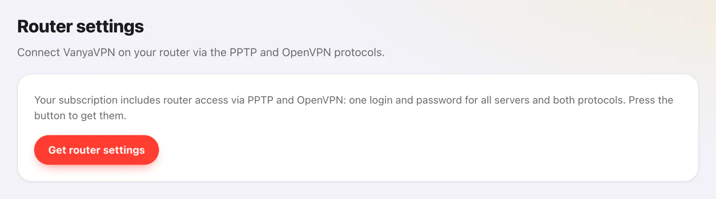 Router section of the VanyaVPN account with the Get router settings button